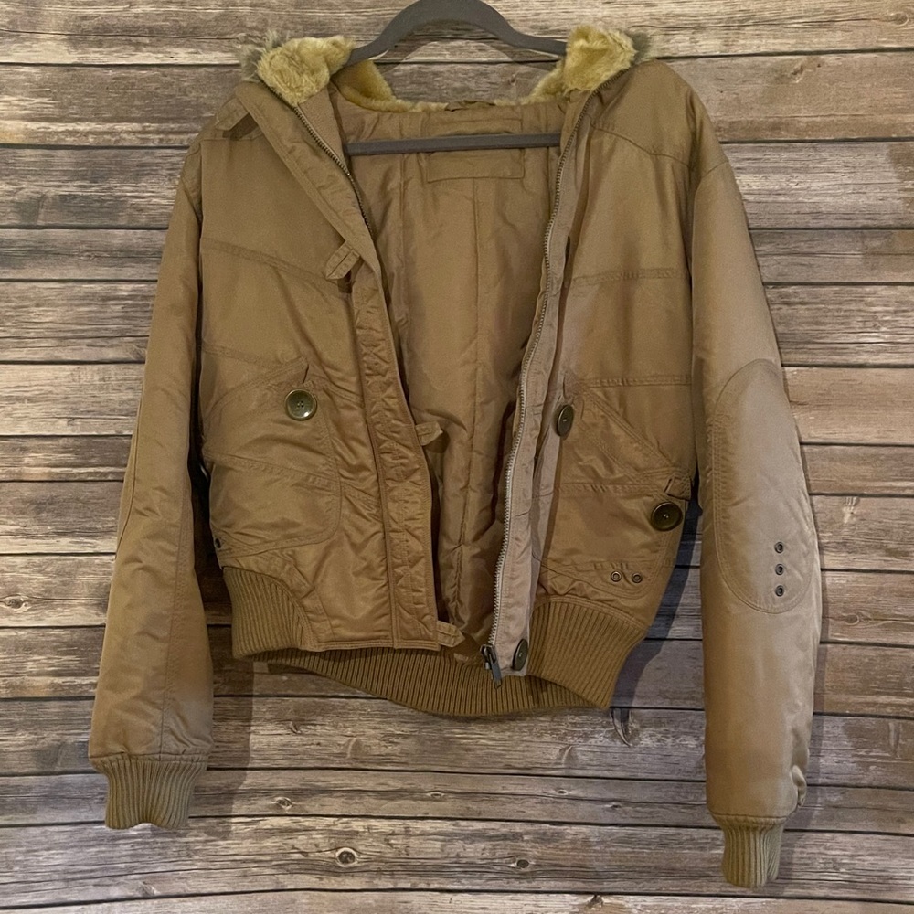 Tan puffer coat faux fur hood